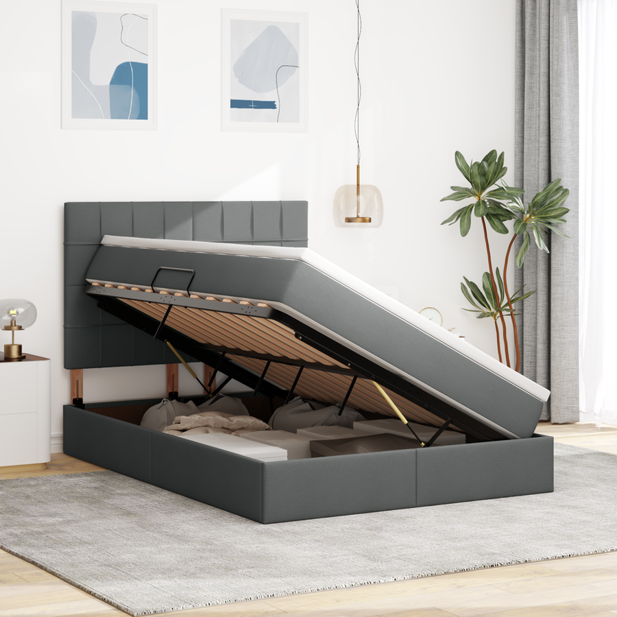 LED Storage Bed with Mattress Dark Grey 152 x 203 cm Fabric