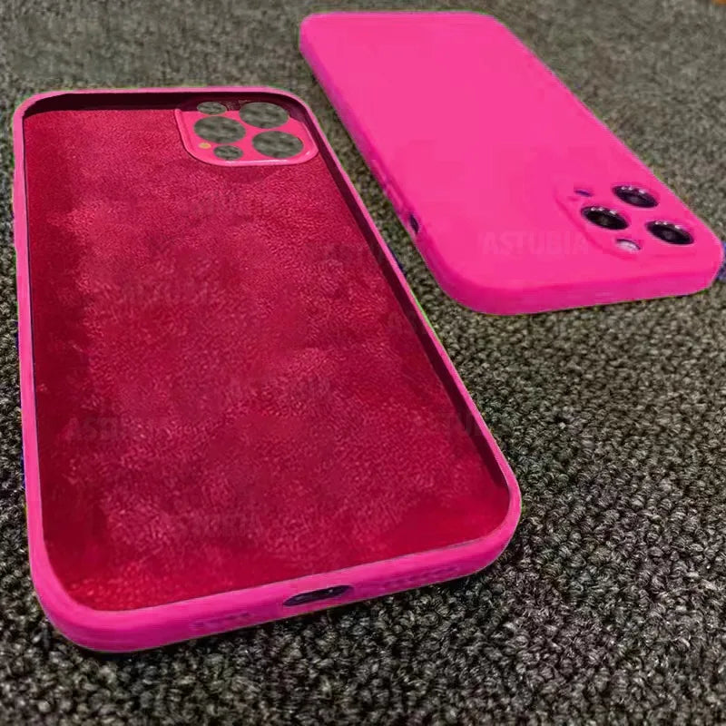 New Plain Neon Liquid Silicone Colorful Soft Case for iPhone 16 15 14 13 12 11 Pro Max Plus Fluorescent Microfiber Pink Cover
