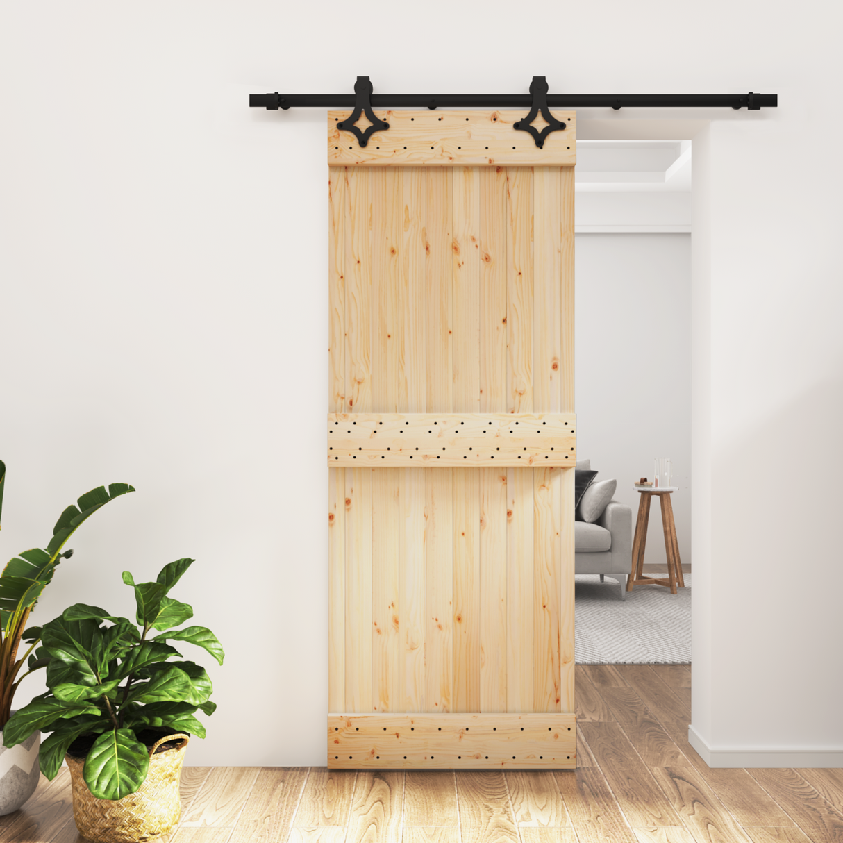 Sliding Door Natural and Black 80 x 210 cm Solid Pine Wood
