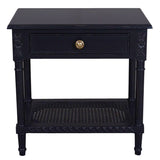 Polo Side Table/Bedside Black w/Shelf 60. The rattan shelf provides you with that coastal feel that turns the bedroom into a beachy retreat. - Front View