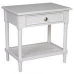 Polo Side Table/Bedside White w/shelf 60. Introducing the Hamptons White Bedside Table with Rattan Shelf