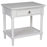 Polo Side Table/Bedside White w/shelf 60. Introducing the Hamptons White Bedside Table with Rattan Shelf