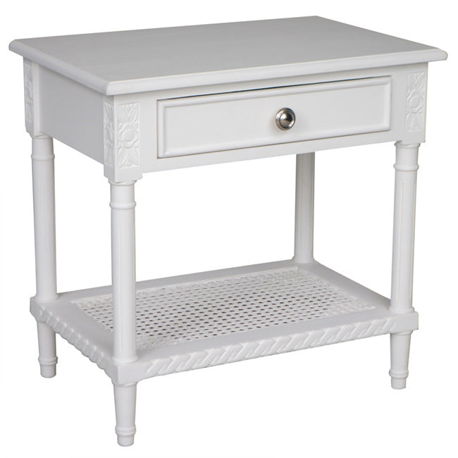 Polo Side Table/Bedside White w/shelf 60. Introducing the Hamptons White Bedside Table with Rattan Shelf