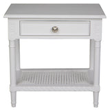Polo Side Table/Bedside White w/shelf 60. Introducing the Hamptons White Bedside Table with Rattan Shelf