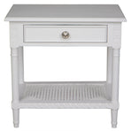 Polo Side Table/Bedside White w/shelf 60. Introducing the Hamptons White Bedside Table with Rattan Shelf