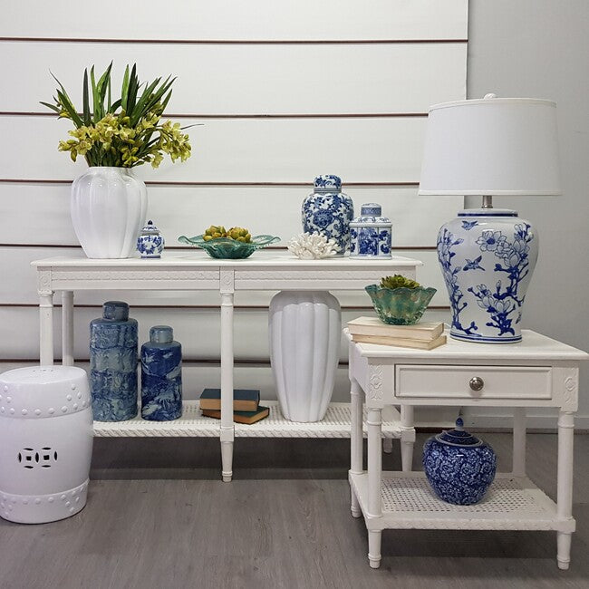 Polo Classic Console w/Shelf White 110, an attractive rattan shelf at the bottom for stacking magazines or displaying collections