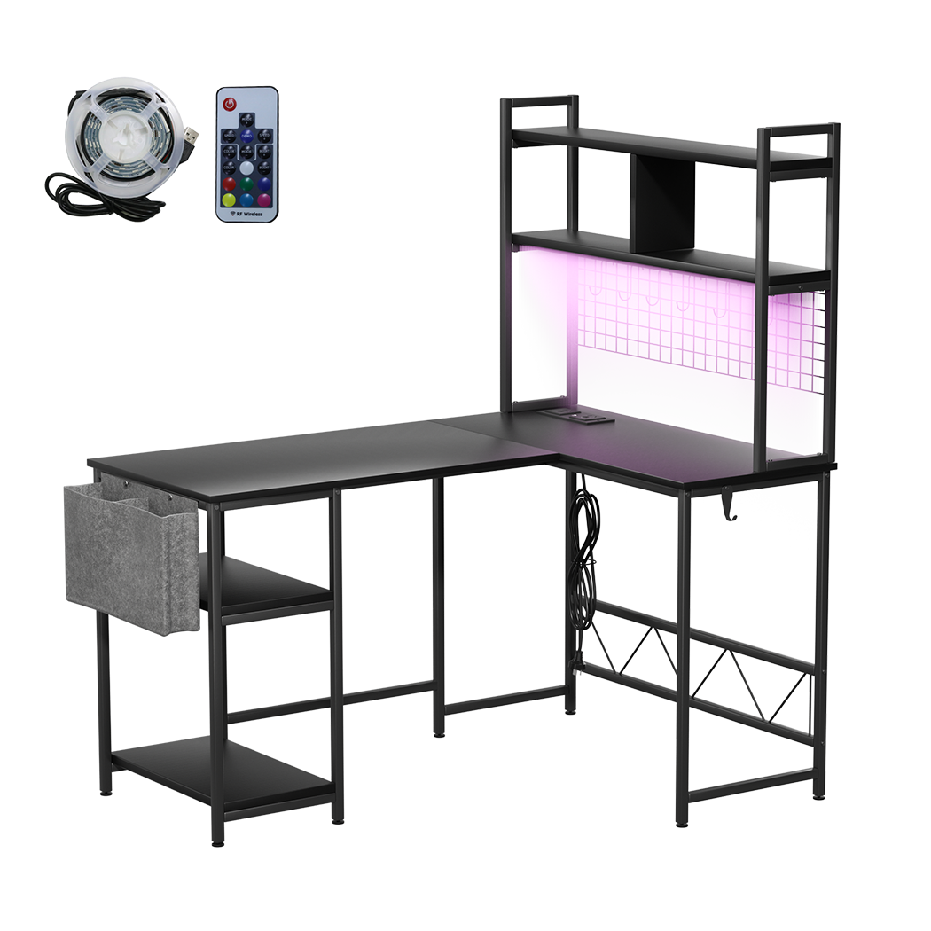 Levede L Shaped Gaming Desk with LED Lights Black-2006732738572455944
