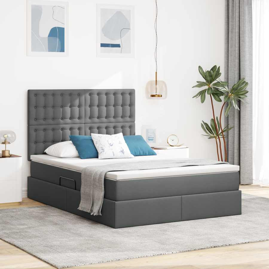 LED Storage Bed with Mattress Dark Grey 152 x 203 cm Fabric