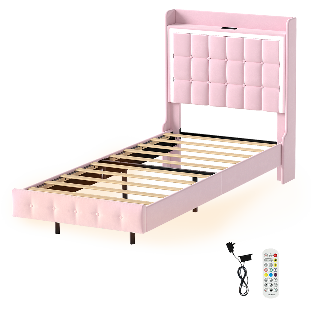 Levede Single Floating Bed Frame LED Headboard USB Pink-2006732795417858056