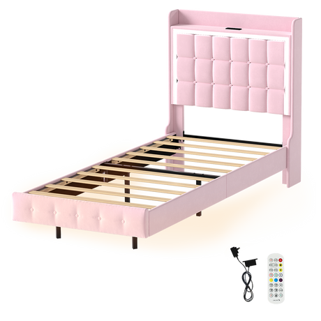 Levede Single Floating Bed Frame LED Headboard USB Pink-2006732795417858056