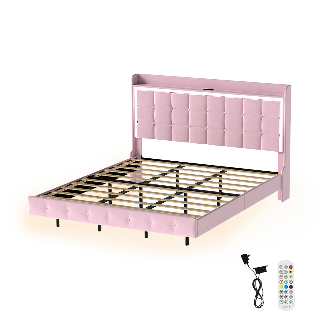 Levede King Floating Bed Frame LED Headboard USB Pink-2006732795224920072