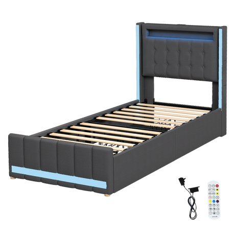 Levede Single Bed Frame Fabric Storage Drawer LED USB-2006733382138073096