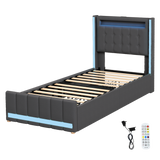 Levede Single Bed Frame Fabric Storage Drawer LED USB - Low Angle