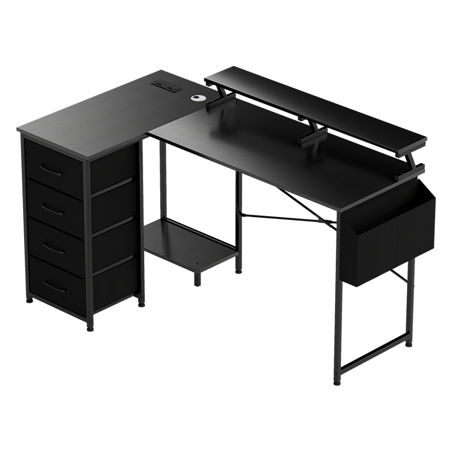 Levede L Shaped Gaming Desk with Storage Drawers Black-2006733412379004936
