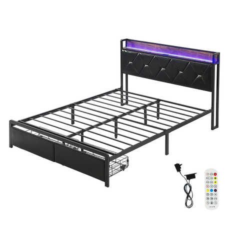 Levede Queen Metal Bed Frame LED Lights 2 Drawers-2018816912707948552