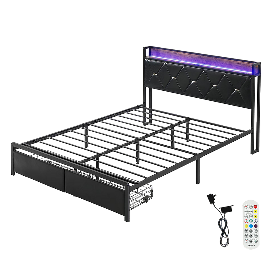 Levede Queen Metal Bed Frame LED Lights 2 Drawers-2018816912707948552