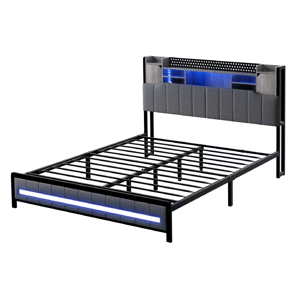 Levede Double Bed Frame with Storage Headboard RGB LED-1954802449730637832