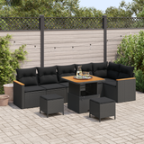 Garden Sofa Set with Cushion 9 pcs Black Poly rattan - Front View