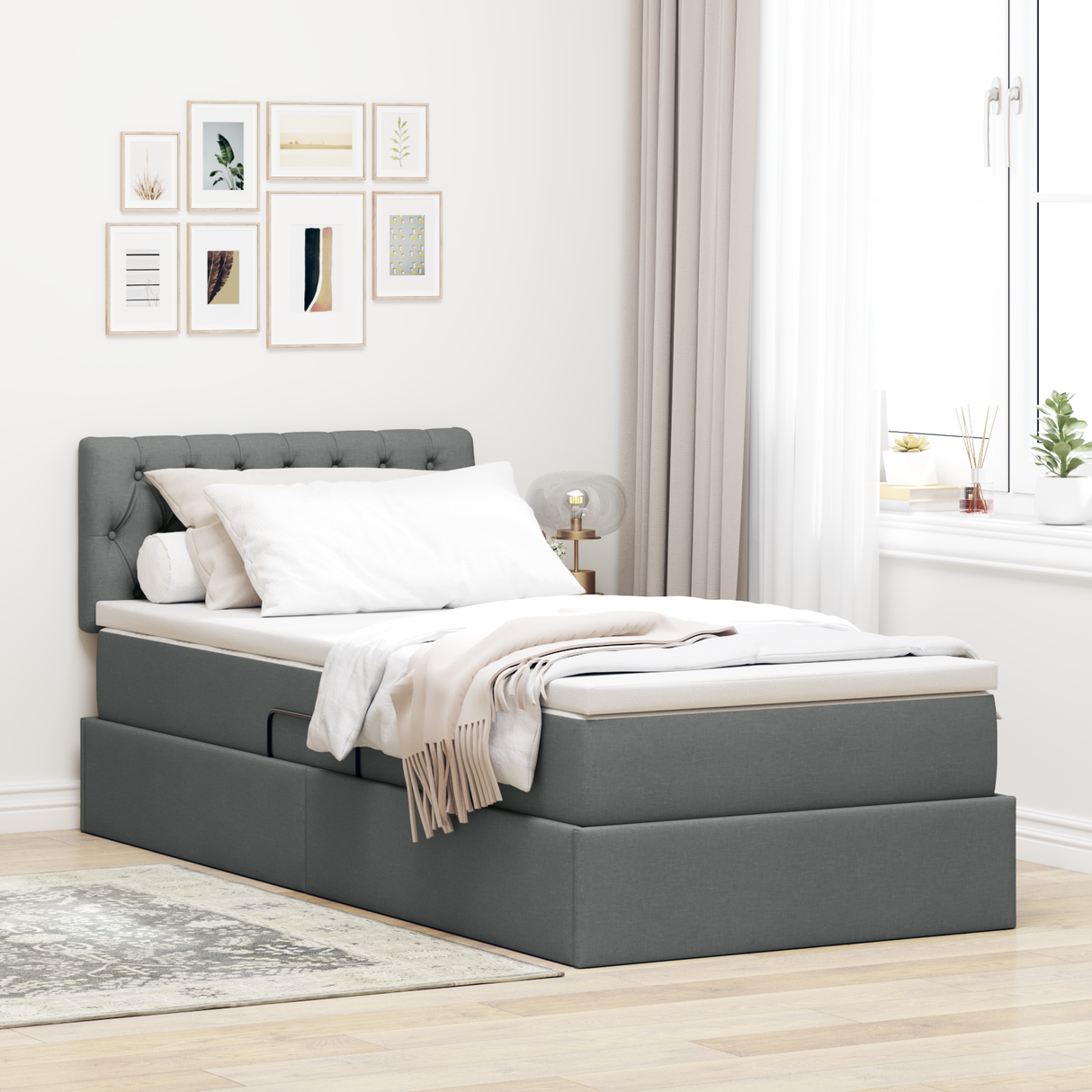 LED Storage Bed with Mattress Dark Grey 107 x 203 cm Fabric