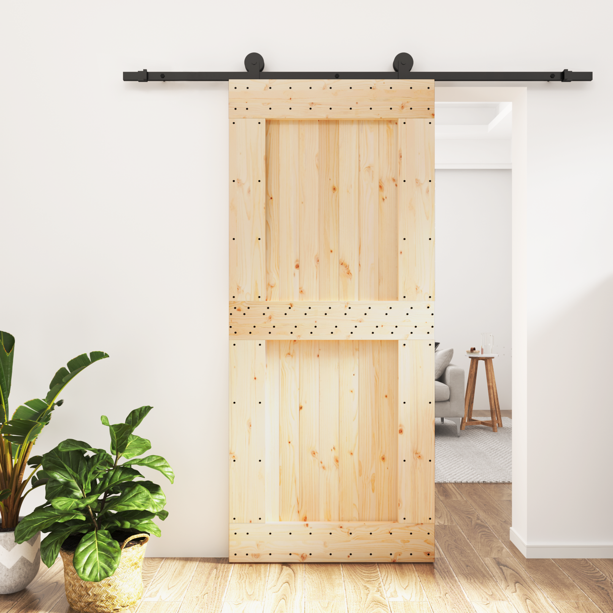 Sliding Door Natural and Black 90 x 210 cm Solid Pine Wood