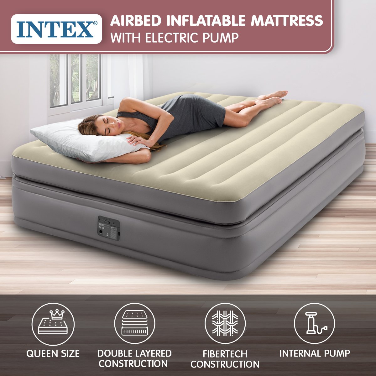 Intex Prime Comfort Queen Air Bed with Electric Pump 64164AN