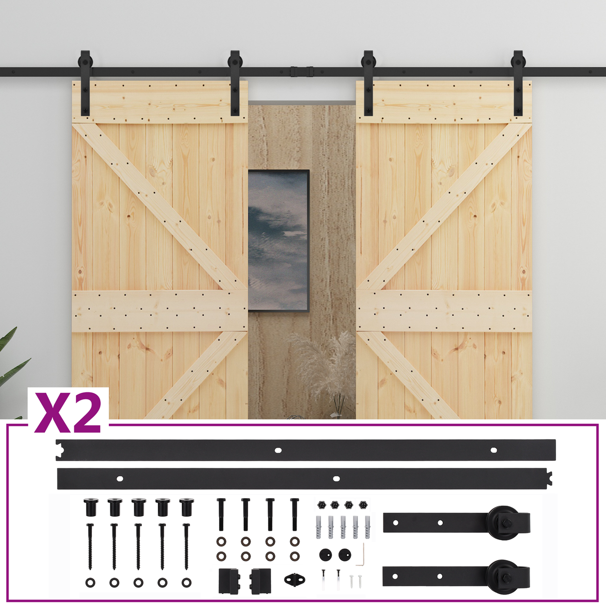 Sliding Door 2 pcs Natural and Black Solid Pine Wood