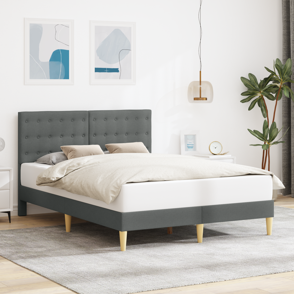 Bed Frame with Headboard Dark Grey 137 x 190 cm Fabric