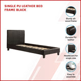 Single PU Leather Bed Frame Black - Side View