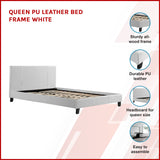 Queen PU Leather Bed Frame White - Side View
