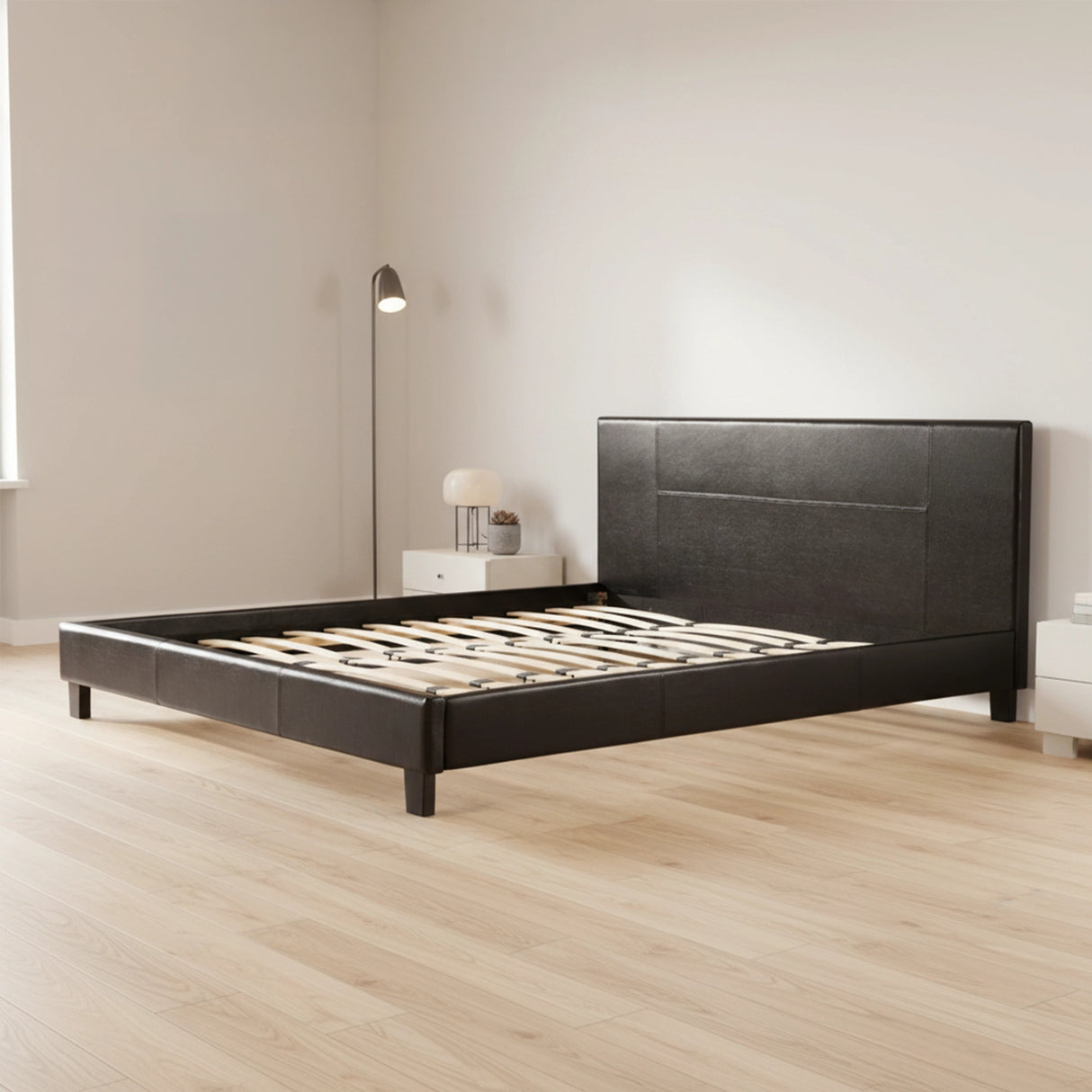 King PU Leather Bed Frame Brown