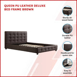 Queen PU Leather Deluxe Bed Frame Brown - Side View