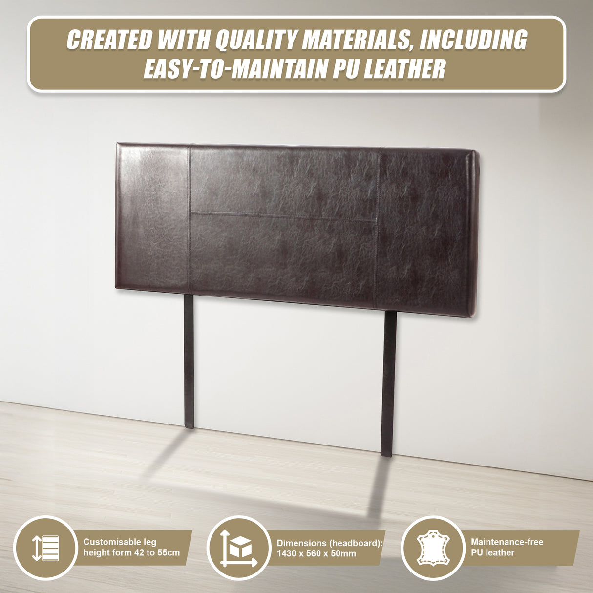 PU Leather Double Bed Headboard Bedhead - Brown