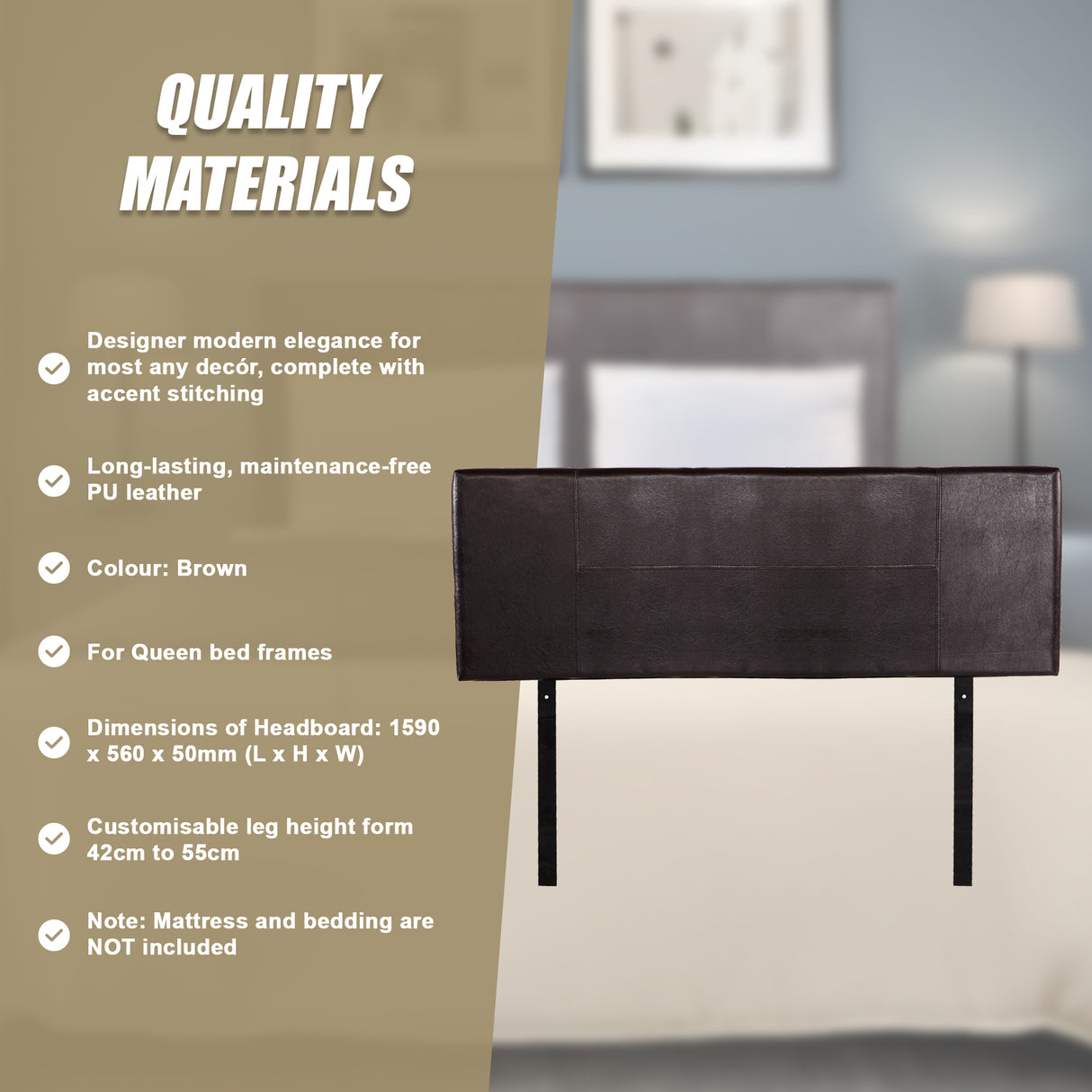 PU Leather Queen Bed Headboard Bedhead - Brown