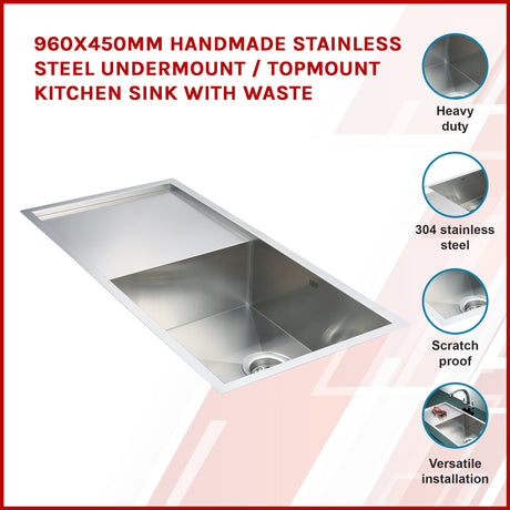 960 x 450mm handmade stainless steel kitchen sink, undermount or topmount, strainer waste and 90mm drain opening