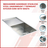 960x450mm Handmade Stainless Steel Undermount / Topmount Kitchen Sink with Waste - Front View