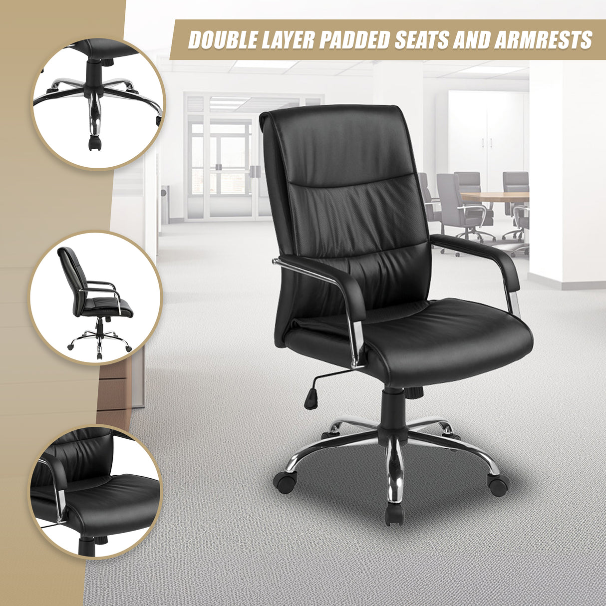 PU Leather Office Chair &ndash; Ergonomic Executive Swivel Desk Chair with Padded Seat in Black