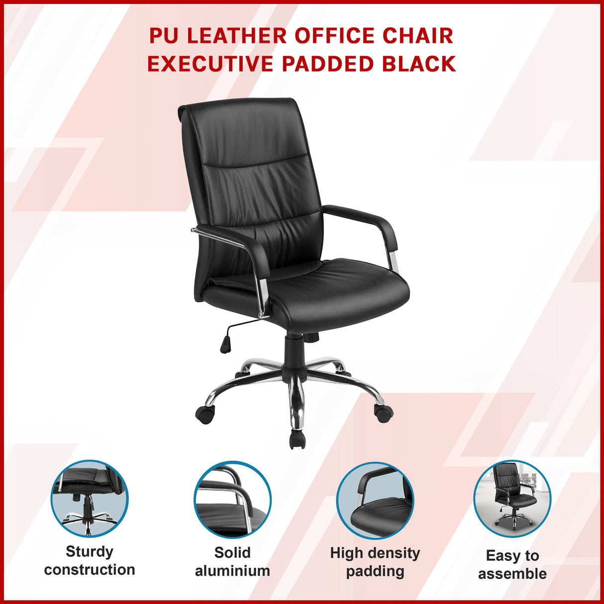 PU Leather Office Chair &ndash; Ergonomic Executive Swivel Desk Chair with Padded Seat in Black