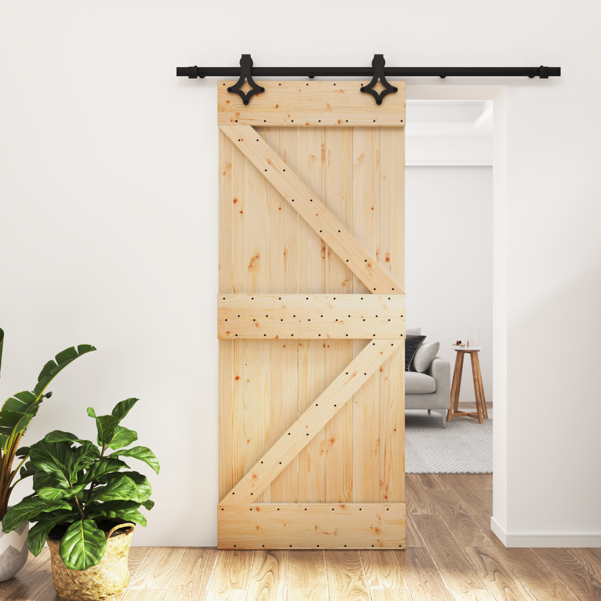 Sliding Door Natural and Black 85 x 210 cm Solid Pine Wood