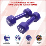 2kg Dumbbells Pair PVC Hand Weights Rubber Coated - Front View