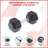 10KG Commercial Rubber Hex Dumbbell Gym Weight - Front View