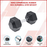 20KG Commercial Rubber Hex Dumbbell Gym Weight - Front View