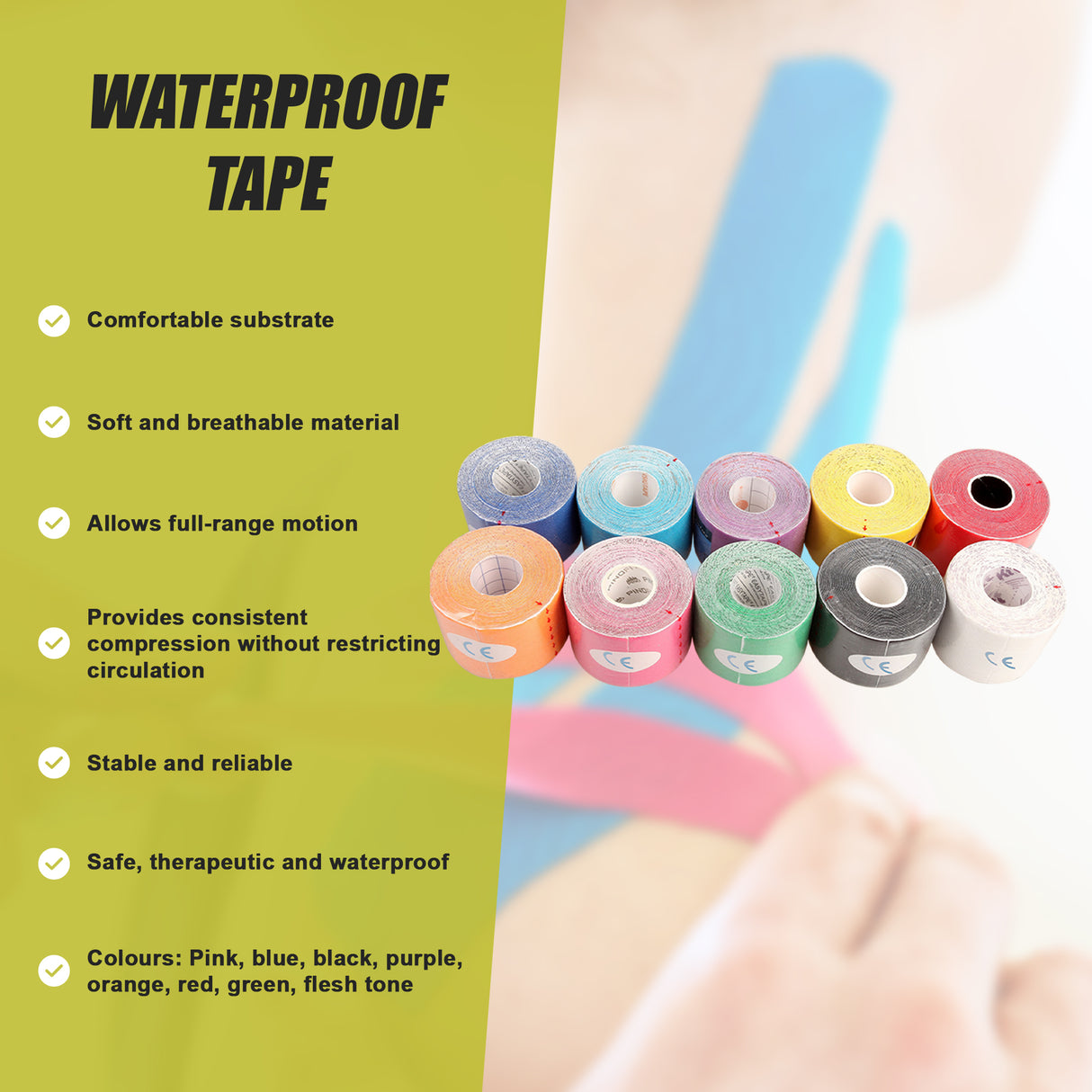 10 Rolls Muscle & Injury Kinesiology Sports Tape 5m x 5cm &ndash; Waterproof Support