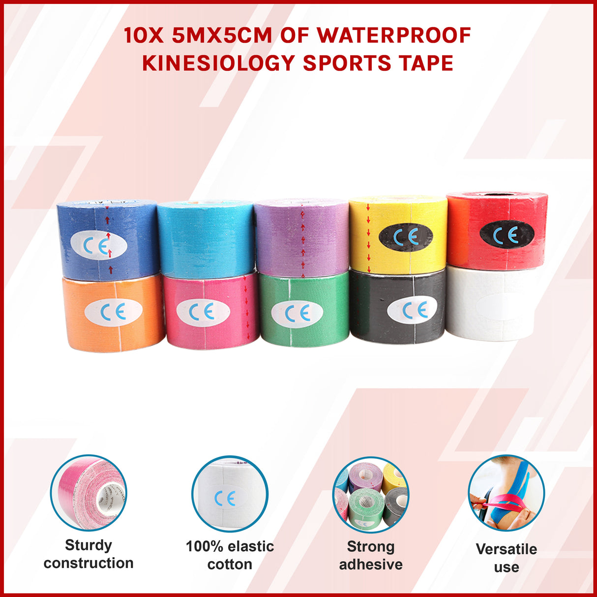 10 Rolls Muscle & Injury Kinesiology Sports Tape 5m x 5cm &ndash; Waterproof Support