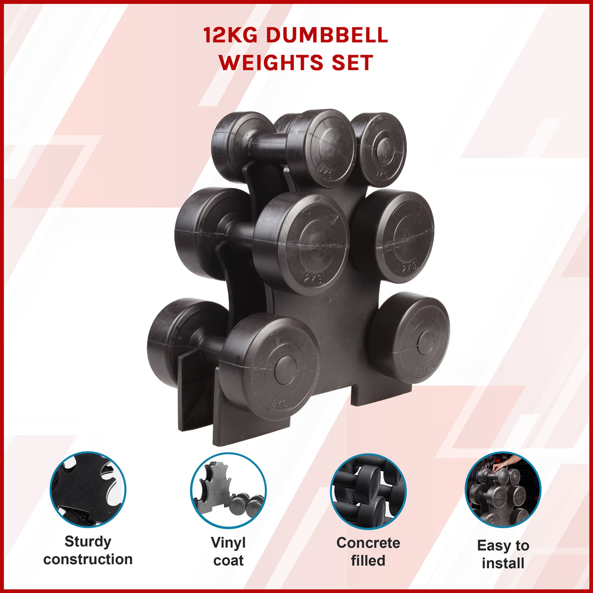 12kg Dumbbell Weights Set with Rack for Home Gym Training