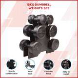 12kg Dumbbell Weights Set with Rack for Home Gym Training - Low Angle