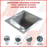 530x505mm Handmade Stainless Steel Topmount Kitchen Laundry Sink with Waste - Rear View