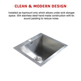 530x505mm Handmade Stainless Steel Topmount Kitchen Laundry Sink with Waste - Low Angle