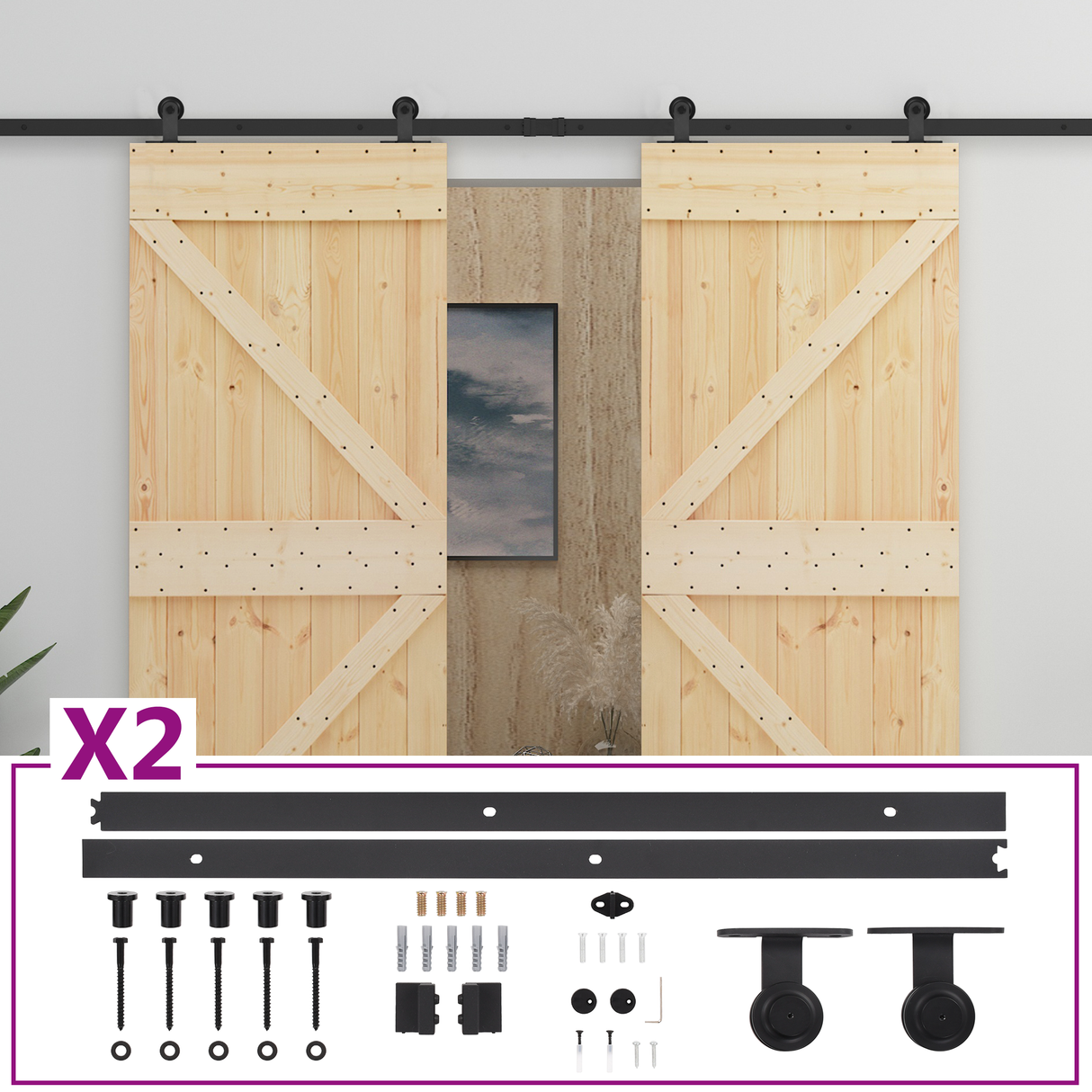 Sliding Door 2 pcs Natural and Black Solid Pine Wood