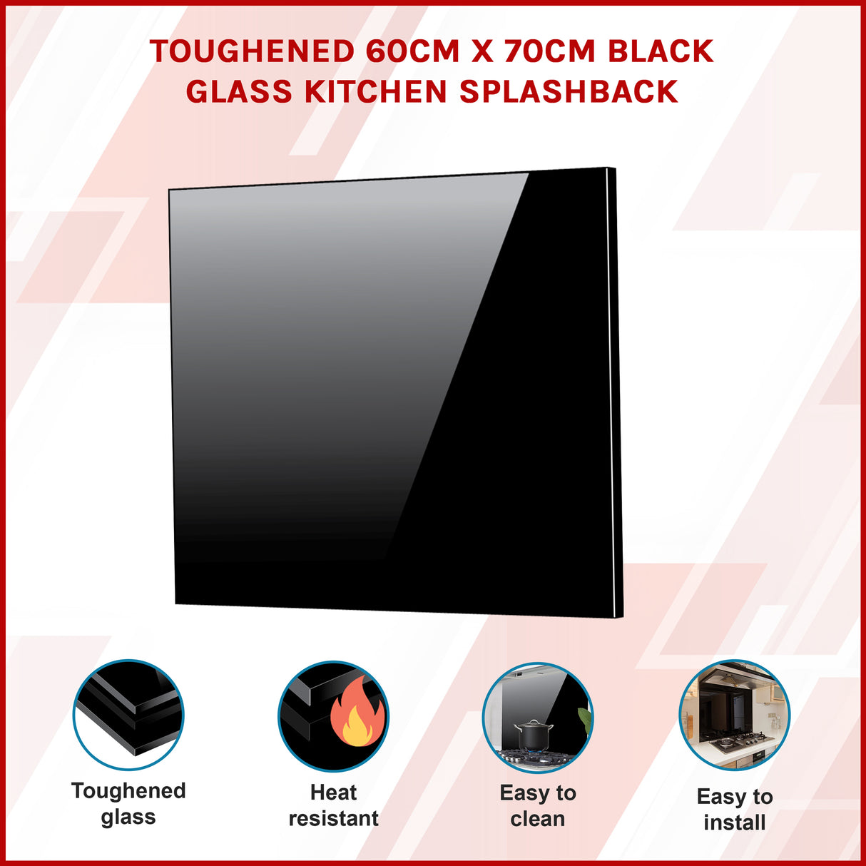 Toughened 60cm x 70cm Black Glass Kitchen Splashback