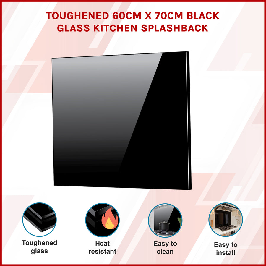 Toughened 60cm x 70cm Black Glass Kitchen Splashback